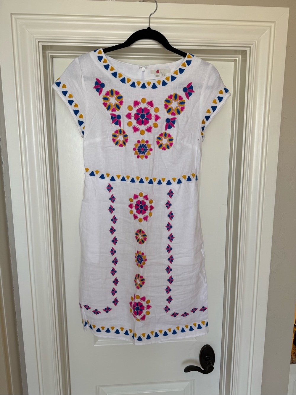 White Embroidered Shift Dress with Pink & Yellow Floral Motifs